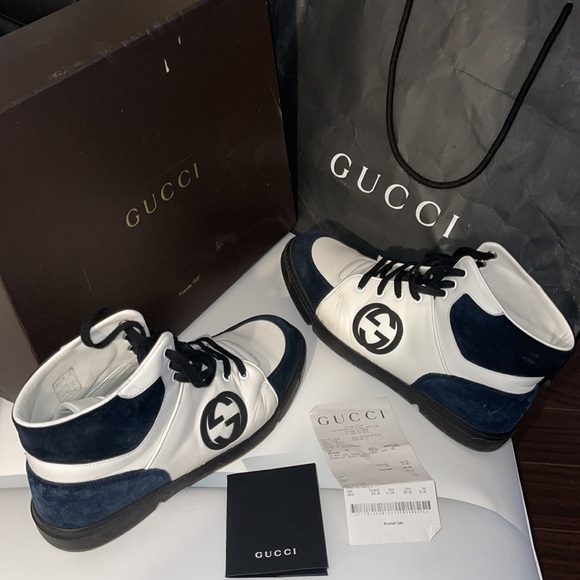 Nice Gucci leather boots 🥾 white leather black trimmings blue suede tips - Picture 2 of 4